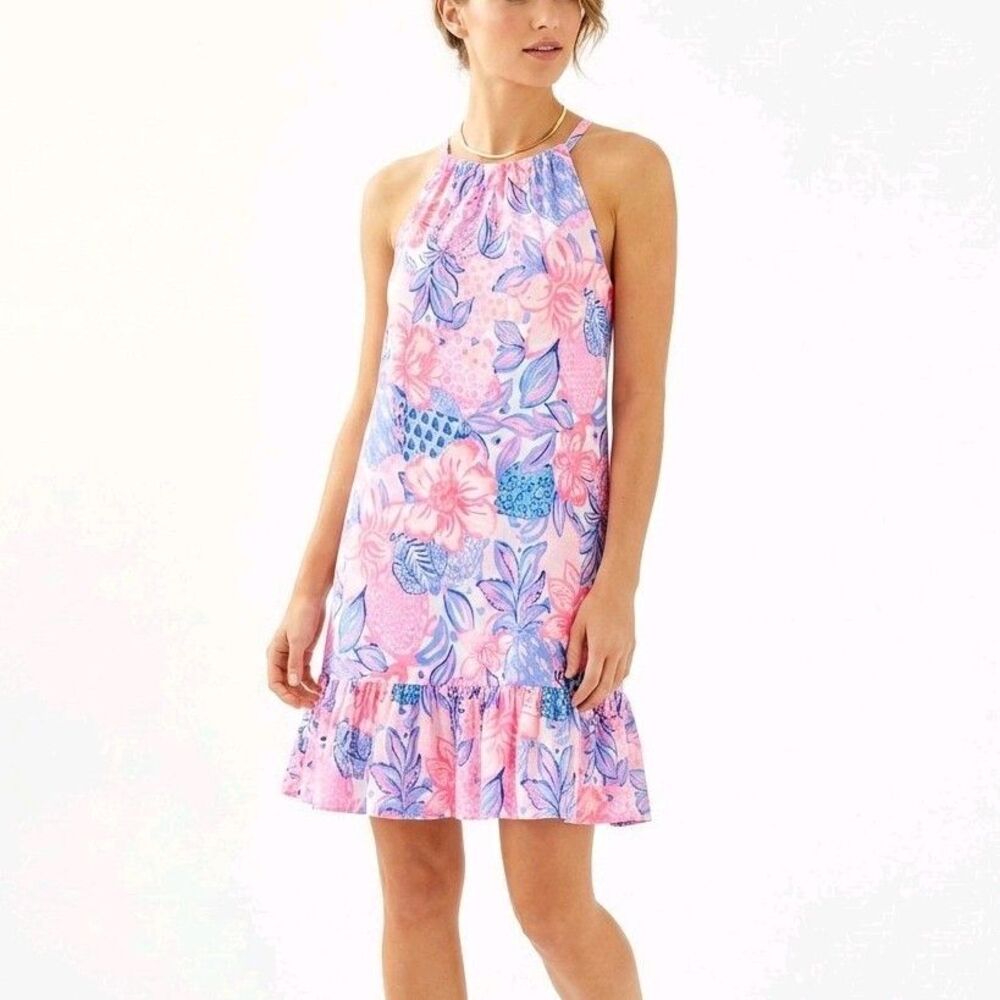 LILLY PULITZER Dress Saira Pink Isle Snappy Turtle Halter Neck Ruffles Women S